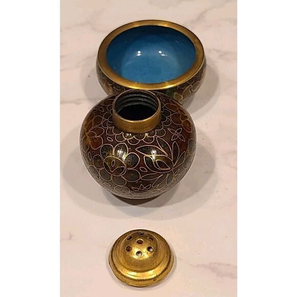 Cloisonné Open Salt Bowl Cellar Pepper Shaker Flower Enamel Brass Stacking Brown - Picture 3 of 8